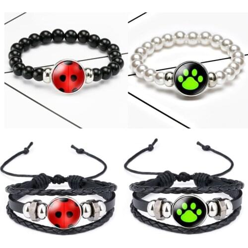 Fashion Ladybugs and Cat Noir Bracelet Red Cartoon Paw Print Glass Button Handmade Woven Leather Bracelets Kids Bangles Gift