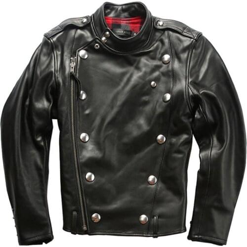 Genuine Leather Jacket Mens Top Layer Cowhide Double-Breasted Diagonal Zipper Punk Motorcycle Leather Jacket