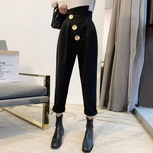 2021 New Real Shot Hair Pants Women Autumn and Winter Irregular Harlan Pants Nine-point Long Trousers Loose OL Suit Pants Y509