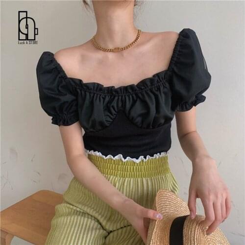 Solid Sexy Short Puff Sleeve Tee French Slim Summer Top 2021 Fairy Grunge Clothes Women Vintage Square Collar Ruched T Shirts