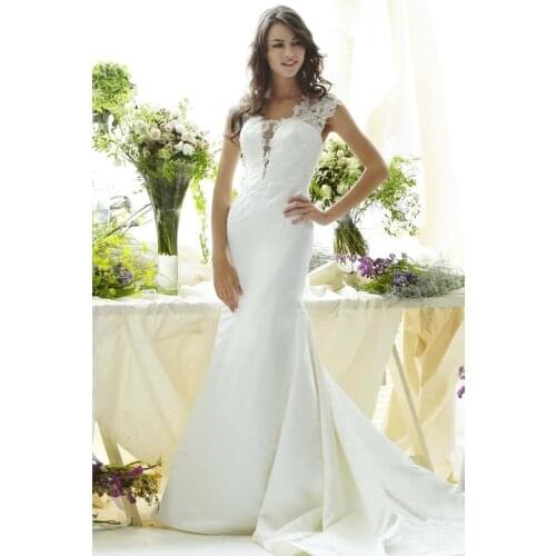 Sexy V neck applique cap sleeve ivory white satin Mermaid Wedding Dresses 2015 beads lace ruched button court train Bridal Gowns