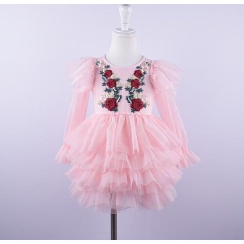 Fashion Girls Tutu Embroidery Dress Ruffle Cake Long Sleeves Children Birthday Party Costume For 3-10ys Kids Vestidos Spring