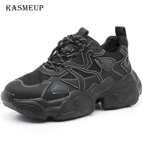 RASMEUP 2021 new genuine leather chunky sneakers for women breathable mesh girls 6cm med bottom black white casual shoes