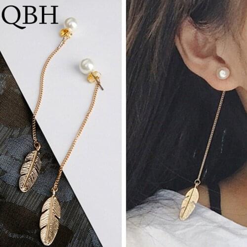 European Fashion boucle d'oreille Leaf Feather Simulated Pearls Long Tassel Stud Earrings For Women Lady Jewelry Brincos