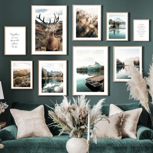 Misty Forest Mountain Tree Lake Boat Elk Wall Art Canvas Painting Nordic Posters And Prints Wall Pictures For Living Room Decor