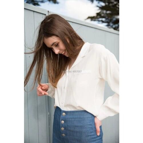 High Quality Silk 100% Notched Neck Blouse Top - 2019 Spring Summer Ladies White/Black Blouse Shirt