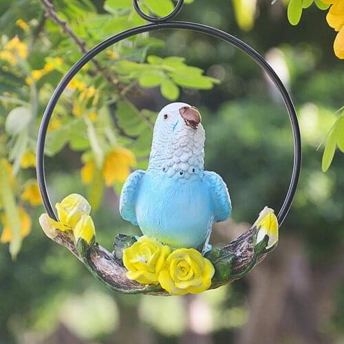 Vivid Hanging Parrot Statue Perch On Metal Ring Birds Model Resin Decorative Lawn Ornament