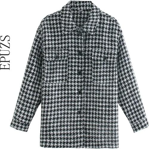 Za Jacket Women 2020 Houndstooth Frayed Tweed Jacket Coat Vintage Long Sleeve Pockets Female Outerwear Chic Tops