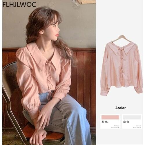 2021 Spring Fall Korean Style Shirts Blouses Women Preppy Style Flare Sleeve Cute Sweet Girls Cross Criss Tops Blusas Pink