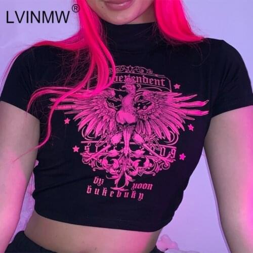 LVINMW Gothic Style Eagle Letter Print Slim Crops Top 2020 Summer Women Cotton Short Sleeve Mock Neck T Shirt Fashion Streetwear