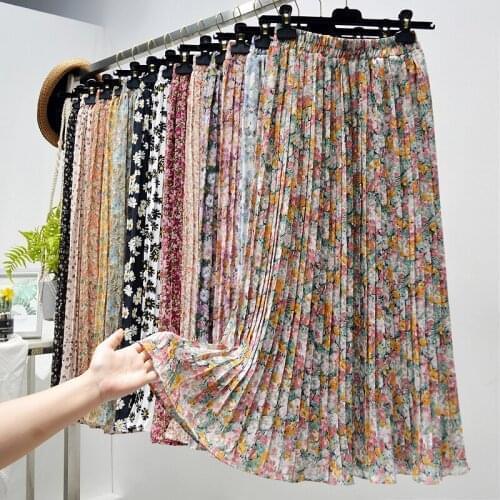 Summer Skirts Womens 2021 New Korean version Vintage Floral Chiffon Pleated Skirt Elastic High Waist CasuaWomen Beach skirt
