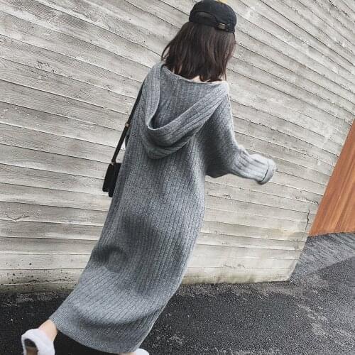 Winter Korean Hooded Over-the-knee Knit Dress 2020 New Loose Woolen Skirt Base Long Sweater Skirt Women