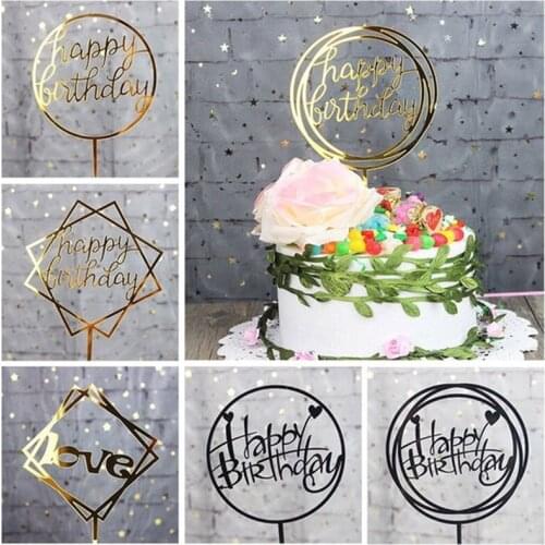 Gold Silver Black Acrylic Cake Topper Happy Birthday Cupcake Dessert Cake Top Flags for Love Family Birthday Party Baking Decors