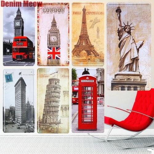 15*30cm Leaning Tower of Pisa Vintage Car License Plates Bar Cafe Decorative Plates London Bus Poster Statue Of Liberty Tin Sign