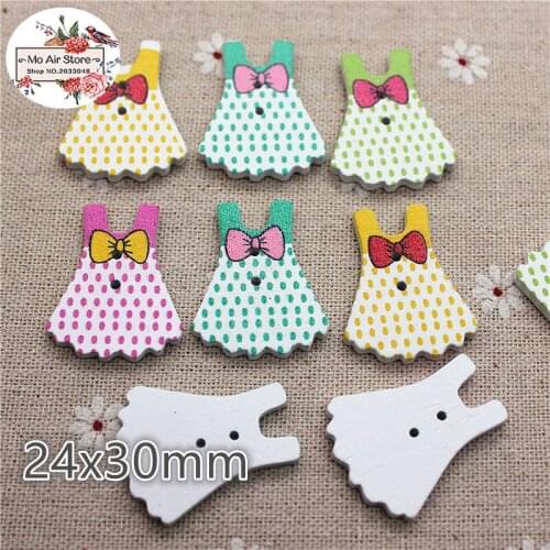 20pcs painting cute skirt Wooden Decorative Button 2 Holes Fit Sewing DIY Scrapbooking Craft mix color
