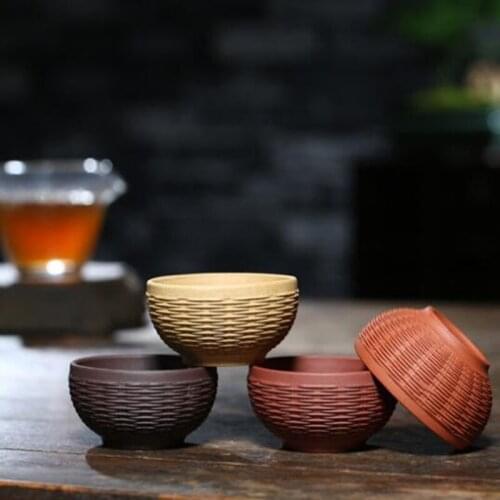 4pcs/set Purple Clay Teacup Set Kung Fu Ceramic Bamboo Knitted Shape Tea Cup Handmade Crafts Chinese Drink Tea Tool