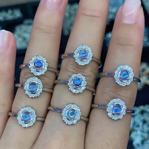 925 Sterling Silver Natural Blue Moonstone Flower Ring Engagement Wedding Ring/925 moonstone ring/moonstone cabochon ring