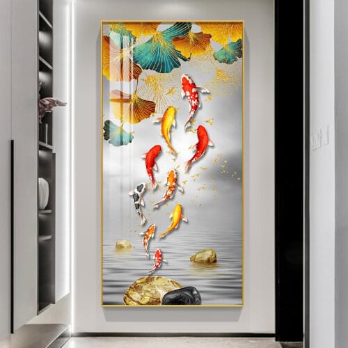 Chinese Style Koi Canvas Painting Wall Art Lucky Nine Fish Posters and Prints Carp Lotus Pond Pictures for Living Room Decor