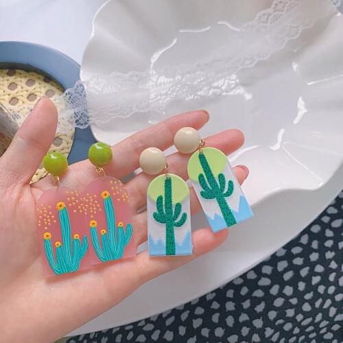 Acrylic Cactus Bohemian Stud Earrings Women Beach Sun Coconut tree Dangle Earrings Teens Cute INS Jewelry Pink Translucent M4