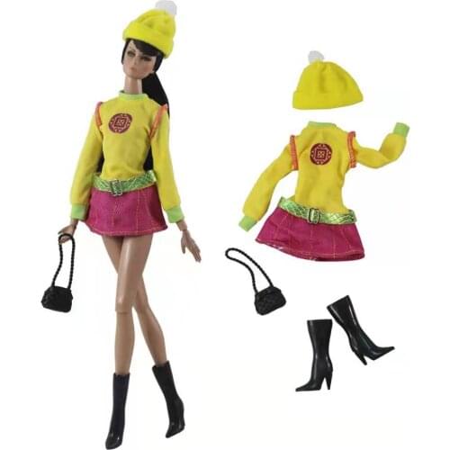 1/6 BJD Dolls Accessories Pretty Hat Handbag Booties Long Sleeve Yellow Dress for Barbie Clothes Casual Wear Outfits Shoes Toys