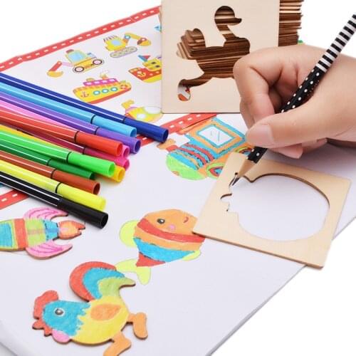 Free Shipping Childrens Wooden Puzzle Animal Coloring Game 52 Animal Models 12 Color Pen Educational Kids Drawing Toys Set Gift