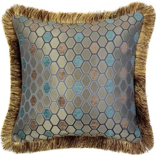 Free shipping Steel Blue Vintage Chenille Leaves Checks Woven Decorative Cushion Cover Fringe Pipping Pillow Case 45x45 cm