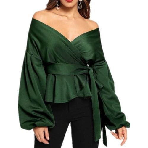 Fashion Women Sexy Blouse Long Puff Sleeve V Neck Shirts Off Shoulder Bowknot Waist Bandage Tight Blouses Holiday Daily Shirt