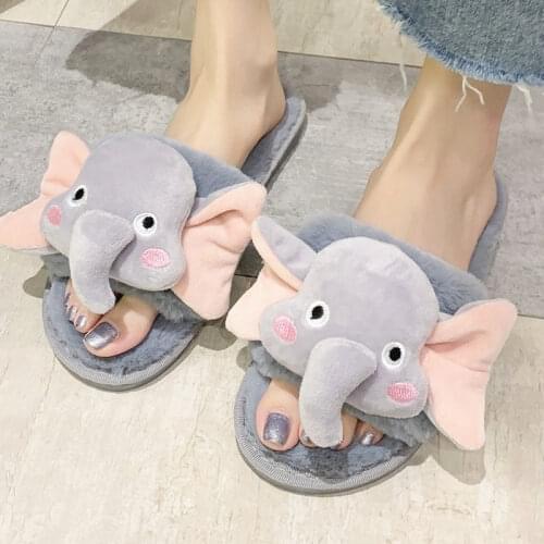 Indoor Winter Women Fur Slippers Cute Cartoon Animal Elephant Funny Girls Furry Slipeprs Bedroom Flats Ladies Fur Shoes