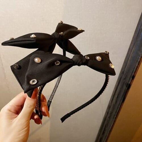 Ins Pearl Rhinestone Black Hairbands Women Sweet Bowknot Chain Headband Girls Street Non-slip Fashion Fabric Hair Accessories