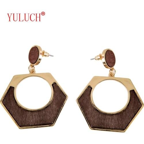 Chinese handmade jewelry national simple geometric zinc alloy mosaic shaped wood combination woman pendant earrings
