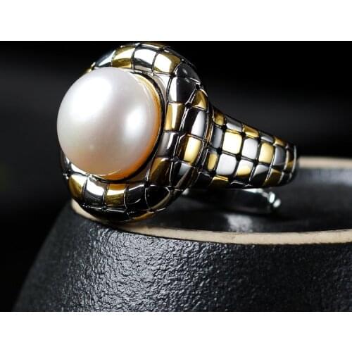 Retro Thai Silver Pearl Ring Womens Jewelry Fashion Plaid S925 Sterling Silver Open Ended Ring Custom Wholesale