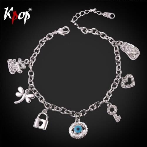 Kpop Gold/Silver Color Eyes of Evil Cute Bracelet Key Lock Bear Hearts High Quality Bangles For Girls Jewelry Wholesale H5185