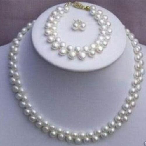 Beautiful white 7-8mm fashion round freshwater cultured natural pearl diy necklace bracelet earring set jewelry 18 inch BV341