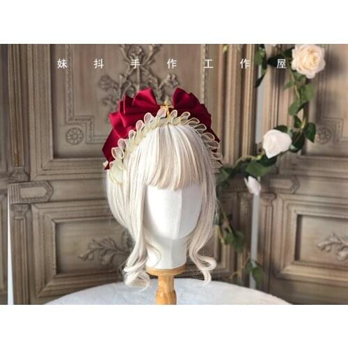 Sweet Handmade Headwear Bow Hairband KC Hair Ribbon Gorgeous Headband Lolita Cross Original Design Cute Ivory x Wine Red