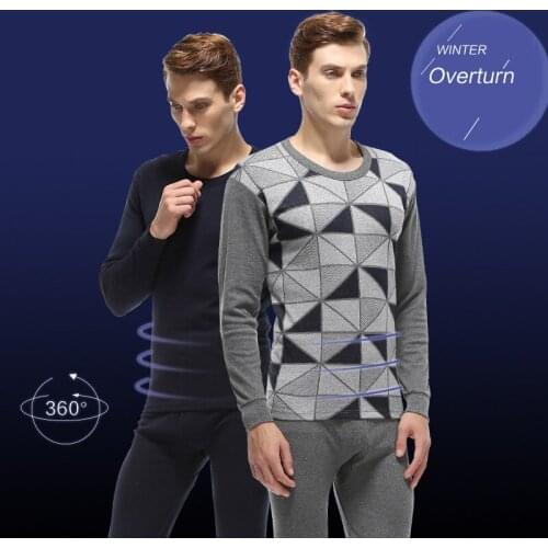 Men Plus Size Cotton Winter and Autumn Thermal Underwear Round Collar Undercoat Jacquard Long Johns Suit