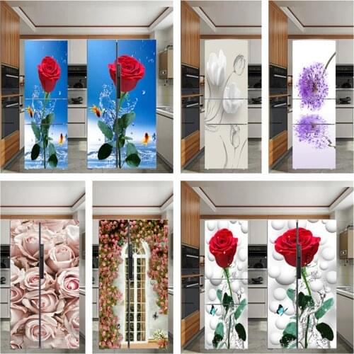 Red Rose Fridge Sticker Flower Floral Printed Door Sticker Wrap For Freezer Self Adhesive Wallpaper Kitchen Renovation Removable