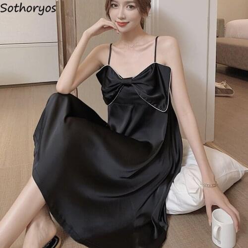 Sleeveless Nightgowns Women Summer Thin Sleeveless Sleep Wear Female Ice Fiber Sexy Simple Knee-length Bow Cozy Elegant Solid
