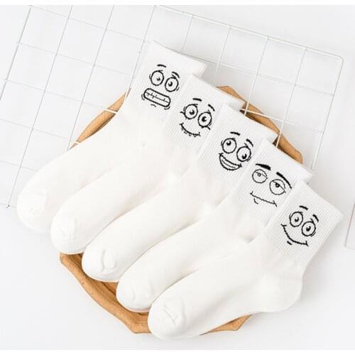 Women Socks Cotton Solid Color Cute Smiley Face apanese White Harajuku Worsted Cotton Crew Fashion Funny Lovely Kawaii Woman Sox