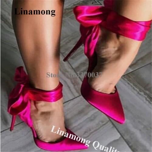 Linamong Charming Satin Cloth Big BowtiePointed Toe Stiletto Heel Pumps Silk Fabric Lace-up Butterfly-Knot High Heels Dress Shoe