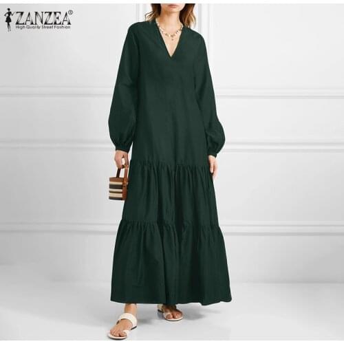 Women Spring Long Puff Sleeve Solid Party Dress ZANZEA Elegant V Neck Ruffles Long Vestidos Robe Stylish Sundress Kaftan 7