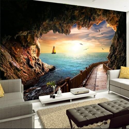 Custom Photo Wallpaper Beautiful Sunset Cave Seaside Landscape 3D Wall Mural Living Room Dining Room Modern Creative Wall Papers