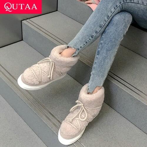 QUTAA 2022 Plush Winter Snow Boots Square Low Heel Lace Up Ankle Boots Casual Round Toe Keep Warm Women Shoes Big Size 34-42