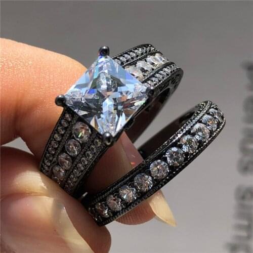 Luxury Female White Black Pink Blue Ring Set Fashion Black Gold Wedding Jewelry Promise Love Eternity Engagement Rings For Women