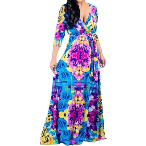 Broken Flower Women Dresses Bohemian Casual Print Three Quarter V-Neck Bandage Loose Long Dress Tie dye plus size Party dresses
