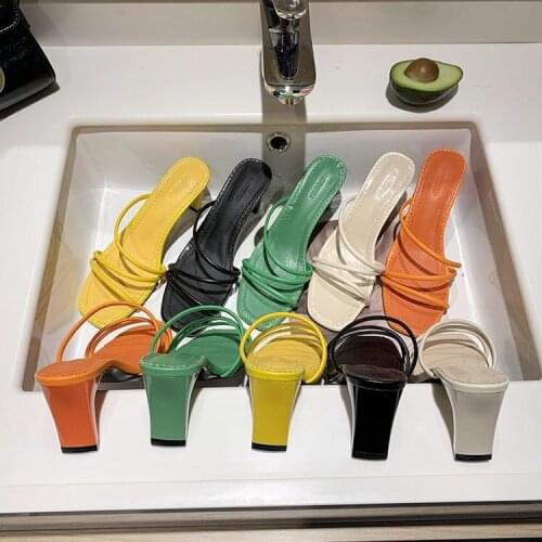 Women sandals snake print strappy mule heels sandals slippers women high heels flip flops square toe slides party shoes woman