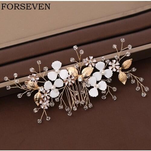 Gold Leaf Pearl Bridal Hair Comb Headdress Wedding Hair Accessories Bridal Tiara Handmade Flower Wedding Hair Comb Head Jewelry