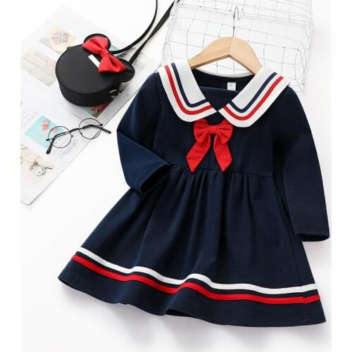 Spring Girls Bow Dress School Uniform Dresses Long Sleeves Shirt with Pleated Sailor Dress Costume Set Casual Dress for Girls