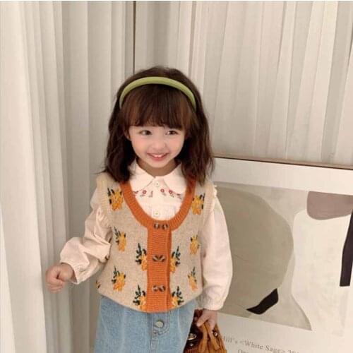 Baby Girls Vintage Cute Floral Print Knitted Sweaters Cardigan Coats Children Kids Korean Casual Sleeveless Jacket Tops Clothing