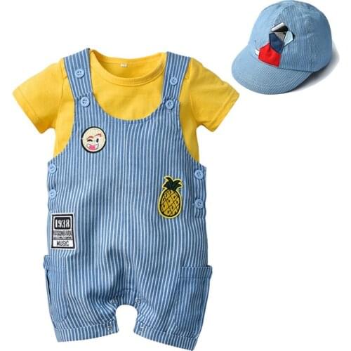 VTOM Newborn Baby Boys Summer Set Baby Short Sleeve Rompers +Suspenders Striped Pants +Hats Sets Toddler Outfit Clothing XN52