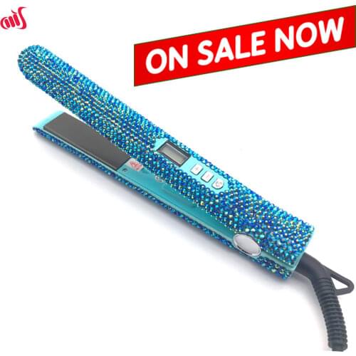 Crystal Hair Flat Iron Titanium Plate Diamond Hair Straightener Crystal Hair Tools with light blue Crystals